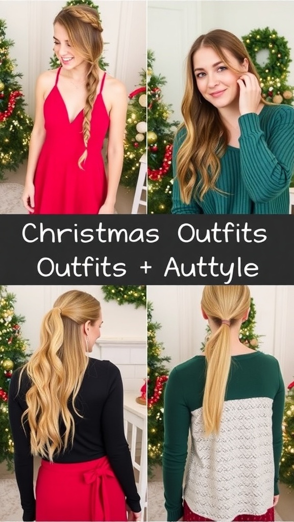 Collage of Christmas hairstyles and outfits including a braided crown, loose waves, and festive clothing.